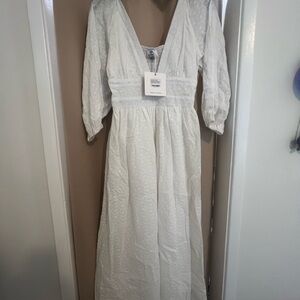 Showpo White Maxi Sundress with Plunge Neckline and Bishop Sleeves